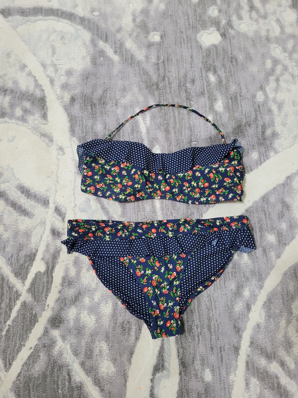 Jessica Simpson Navy Polka Dot Bikini with Floral Trim Size L